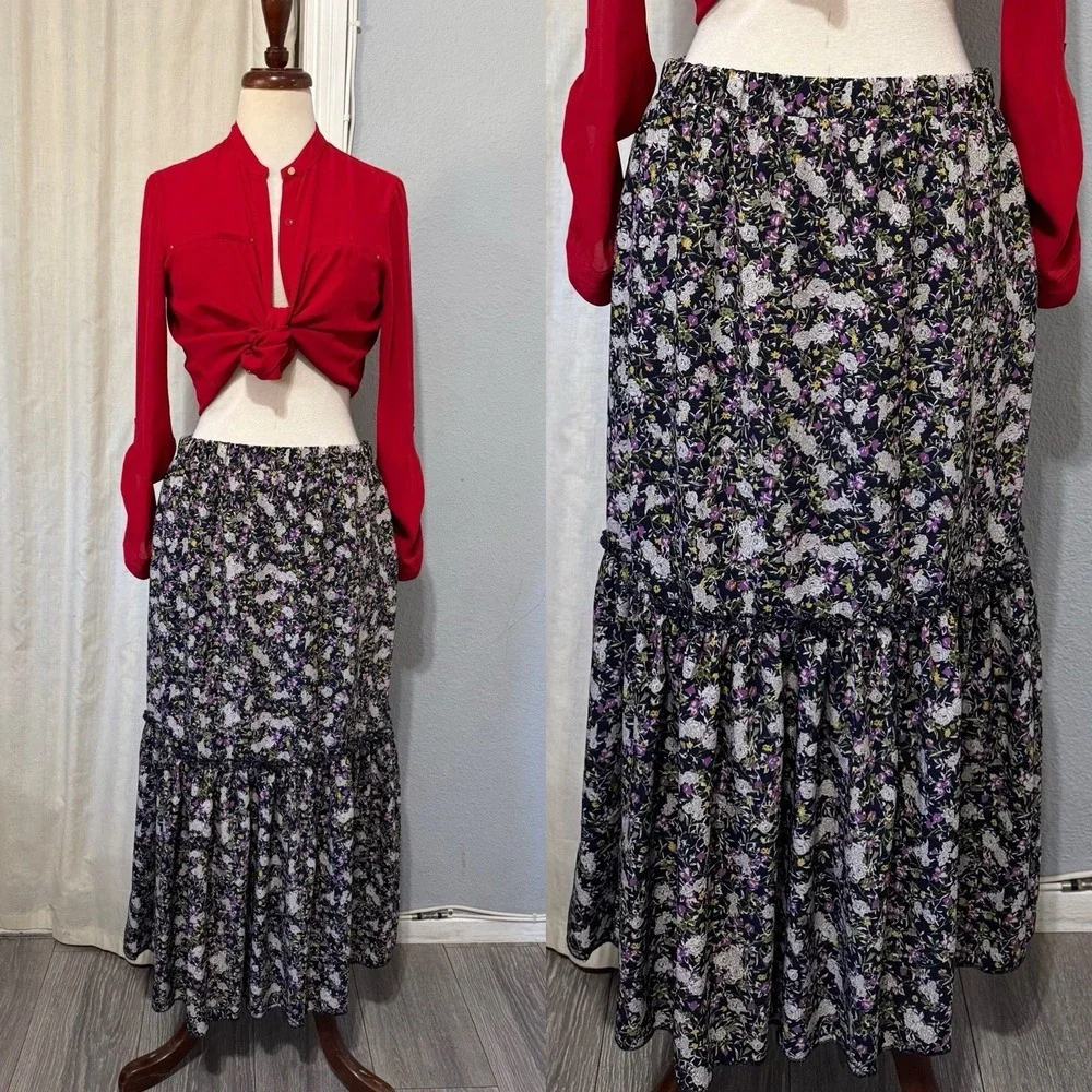 Cottagecore Metrowear Women's Midi Skirt Sz M Floral Lined Tiered Elastic Waist